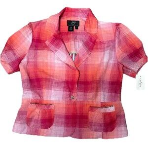 True Meaning Y2K Crop Blouse 10 NWT Pink Plaid Puff Sleeve Rhinestone Glam NOS
